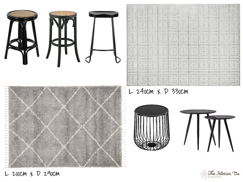 A picture of a rug , stools , tables and a rug.