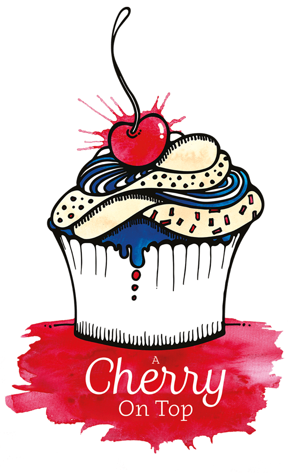 Cupcake with cream frosting, cherry on top, sitting on red watercolor; text