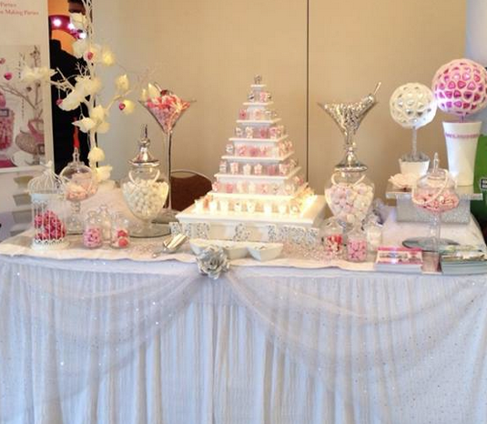 Candy buffet with tiered display, pink and white treats, and decorative elements.