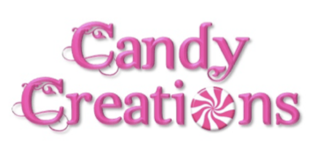 Candy Creations logo in pink, with cursive font and a swirled candy.