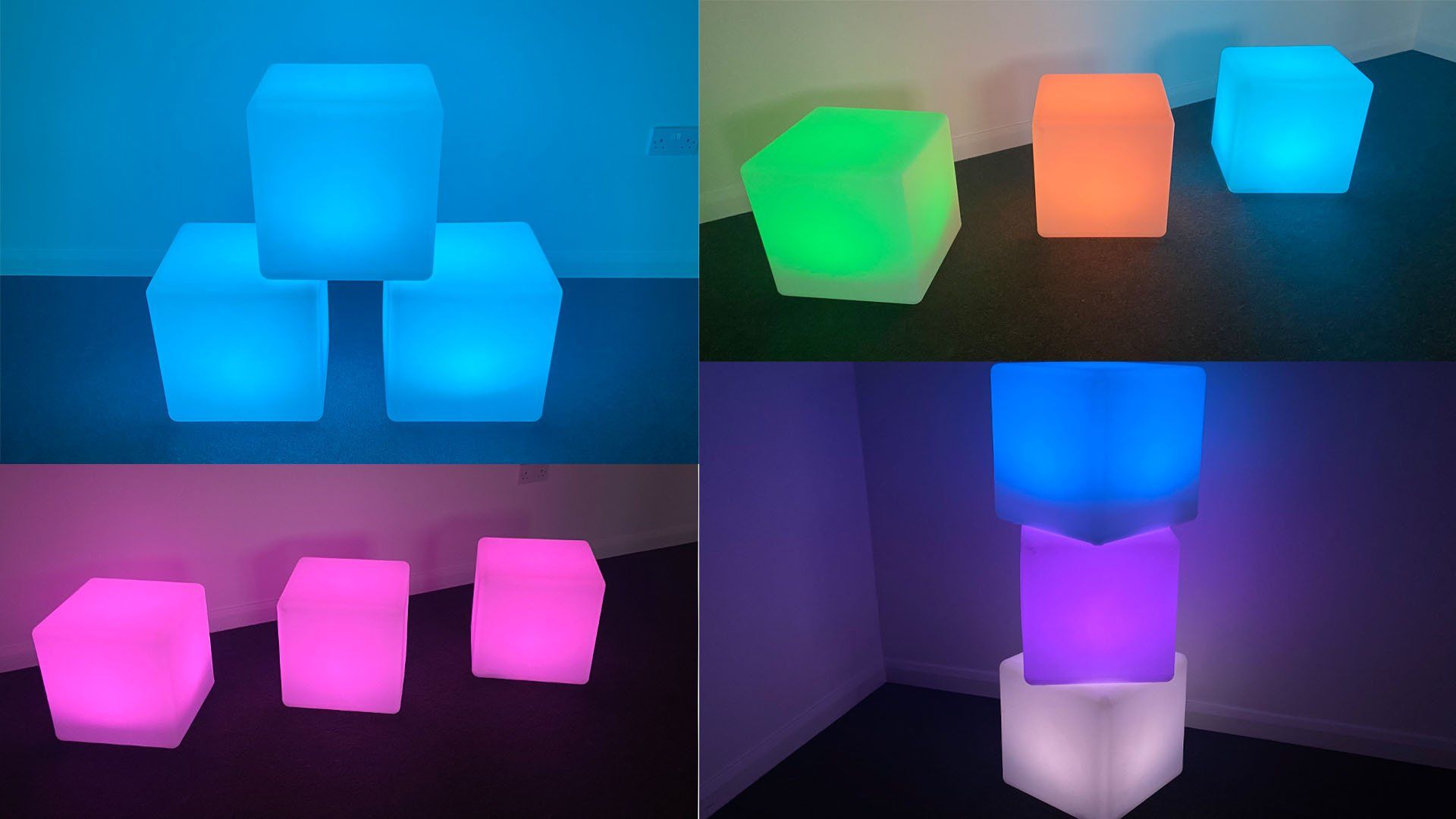 Glowing, multi-colored cubes arranged in various formations, showcasing light displays.