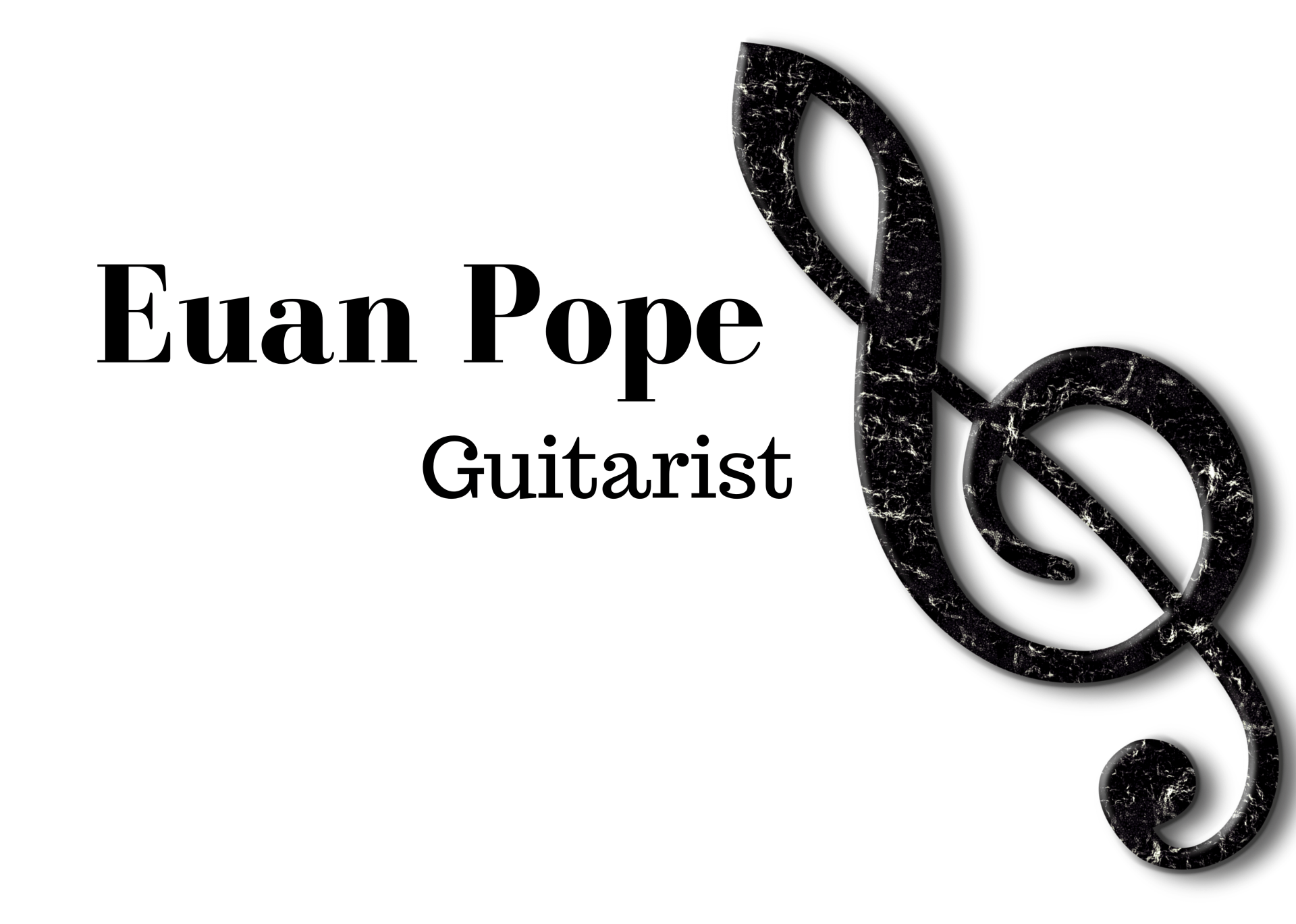 Euan Pope, guitarist, text next to a textured treble clef symbol on a white background.