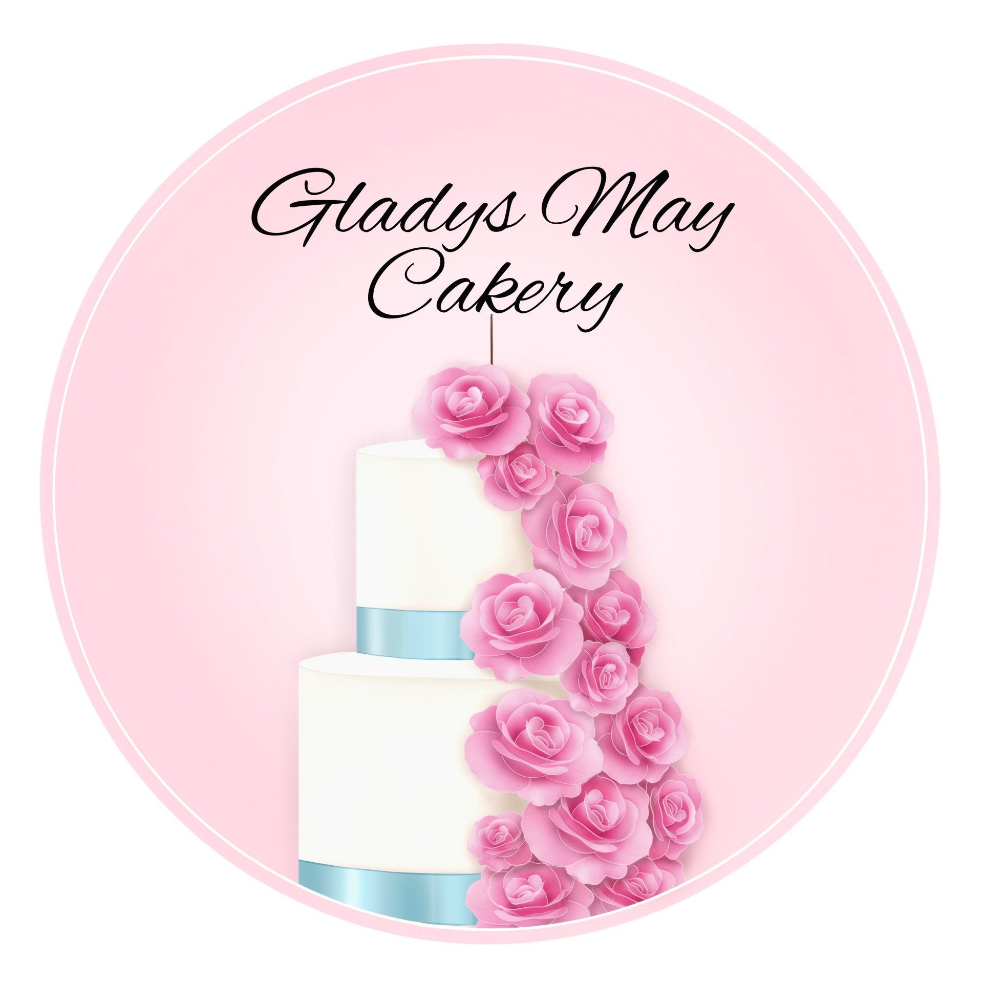 Pink circle logo with white tiered cake, pink roses, and