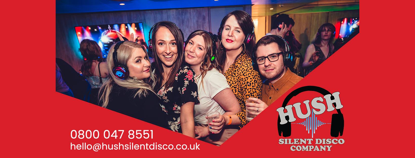 People wearing headphones at a silent disco, smiling and having fun. Red background with logo and contact info.