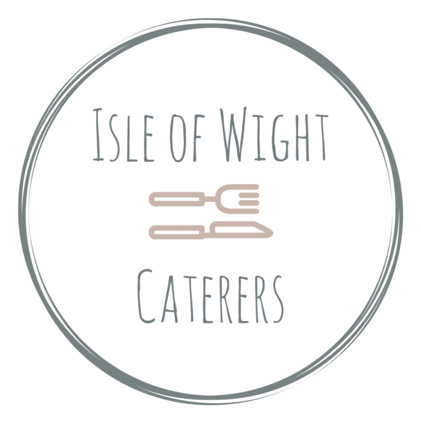 Isle of Wight Caterers logo: gray circle with text and silverware icon.