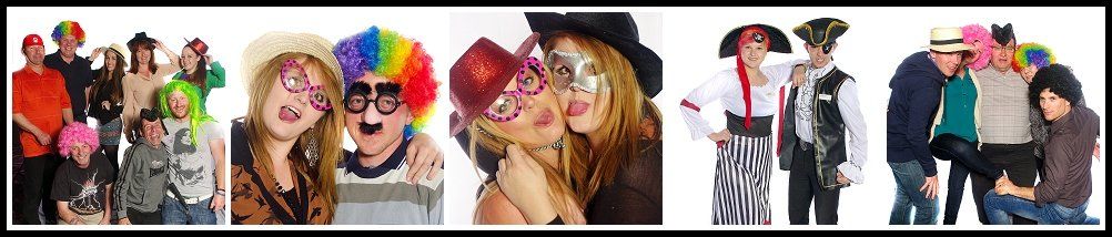 People posing, some with wigs and glasses. Individuals are wearing costumes, embracing, and smiling.