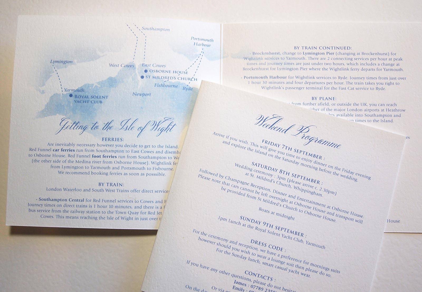 Wedding menu with watercolor blue wash design and elegant script text.
