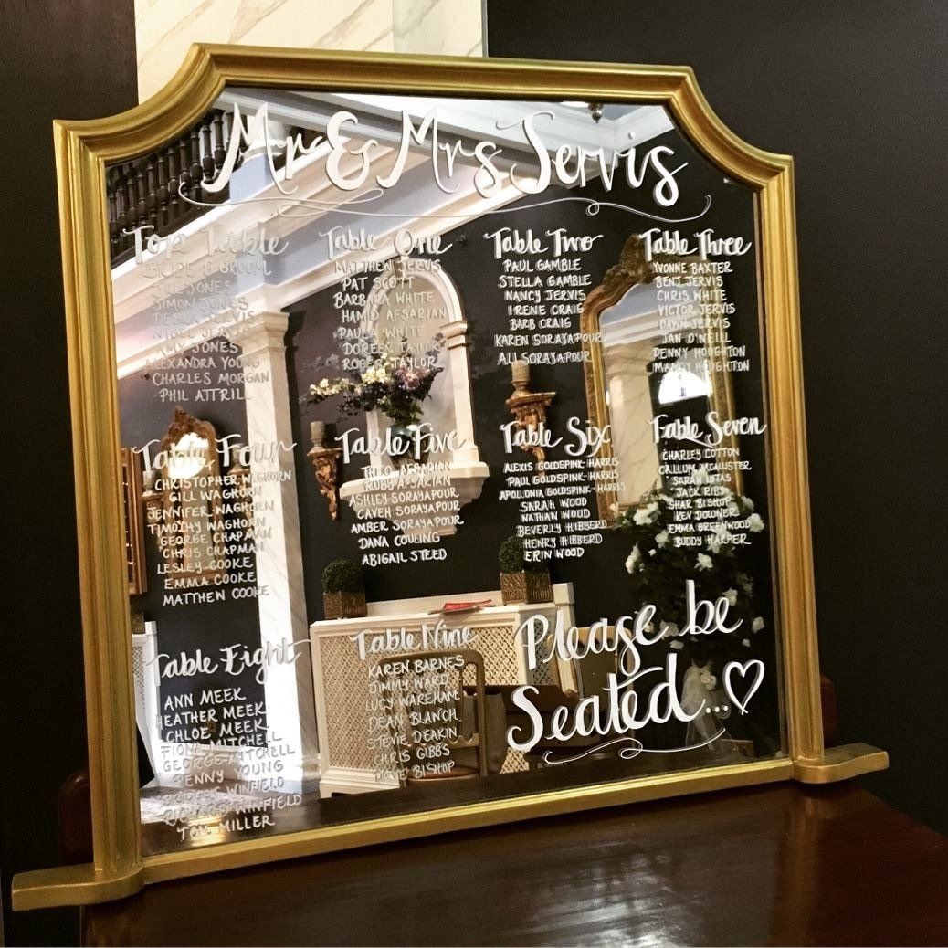 Gold-framed mirror seating chart with guest names, white lettering; reflective surface; wedding reception.