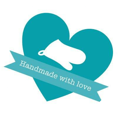 Teal heart with white oven mitt, ribbon: