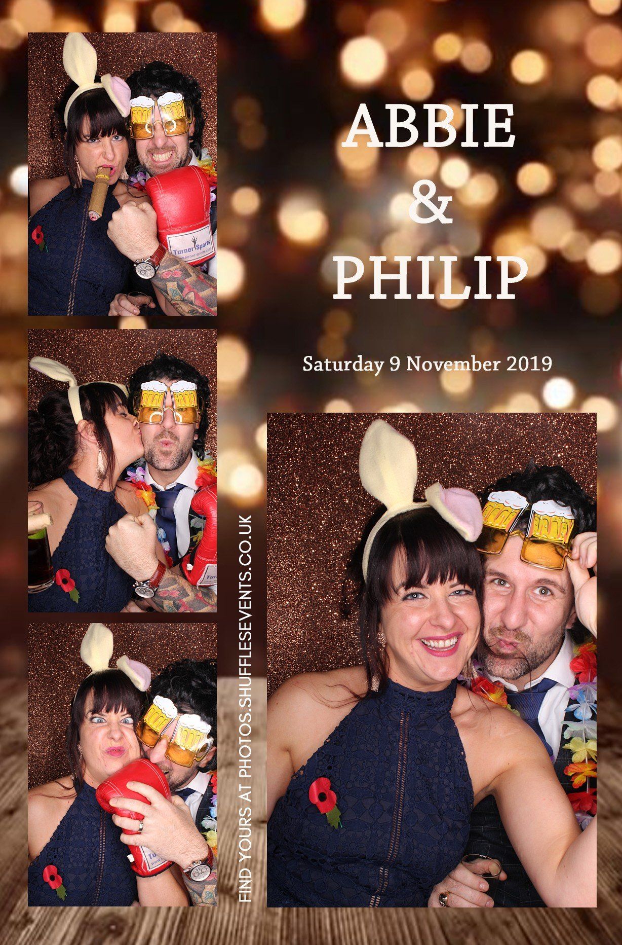 Photo booth strip of Abbie and Philip at a party, wearing bunny ears, beer goggles, and holding props, with a sparkly background.