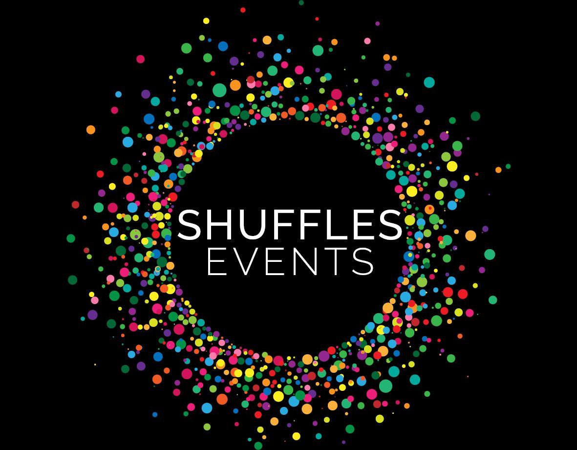 SHUFFLES EVENTS logo with colorful confetti on black background.