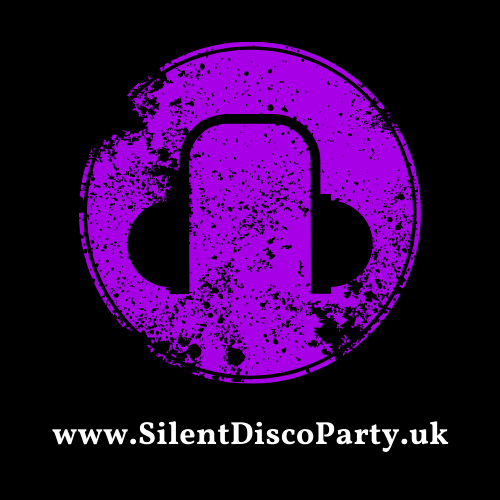 Purple headphones inside a distressed circle on a black background, with website address below.