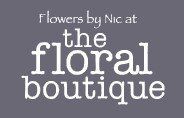 Flowers by Nic at the floral boutique: text logo on a gray background.