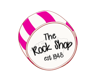 Logo for The Rock Shop: pink and white striped drum with text 