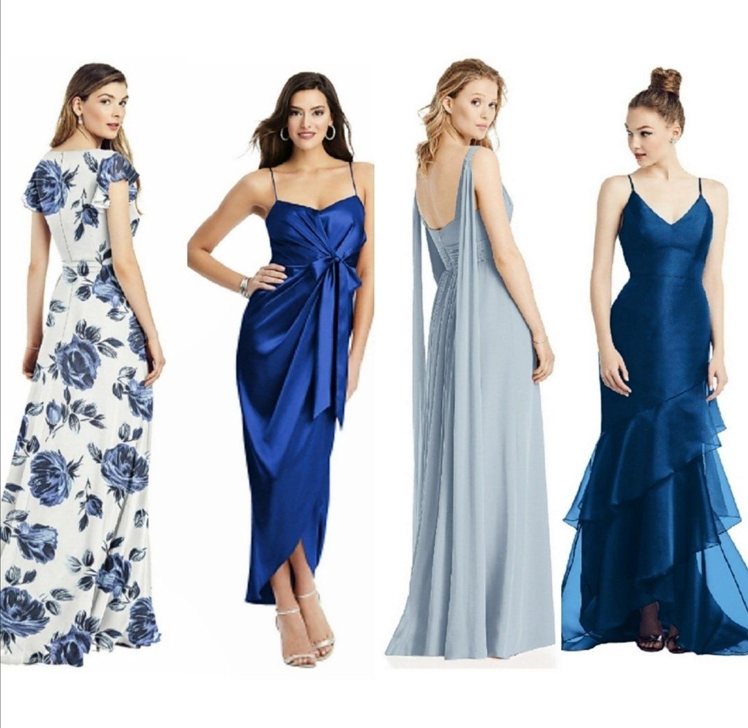 Four women in elegant formal gowns, in blue and floral patterns, posing for a photo.