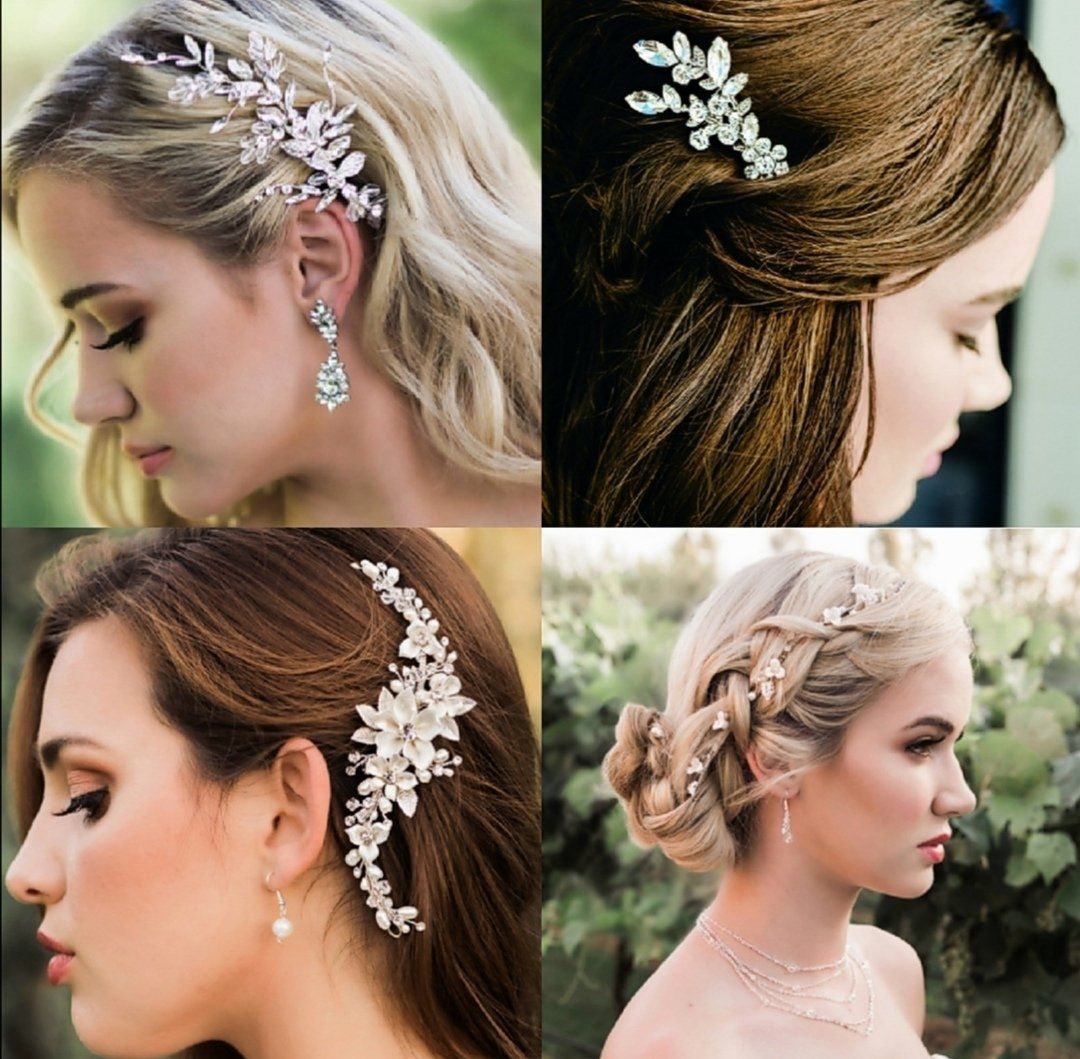 Four women with different elegant hairstyles, all wearing jeweled hair accessories.