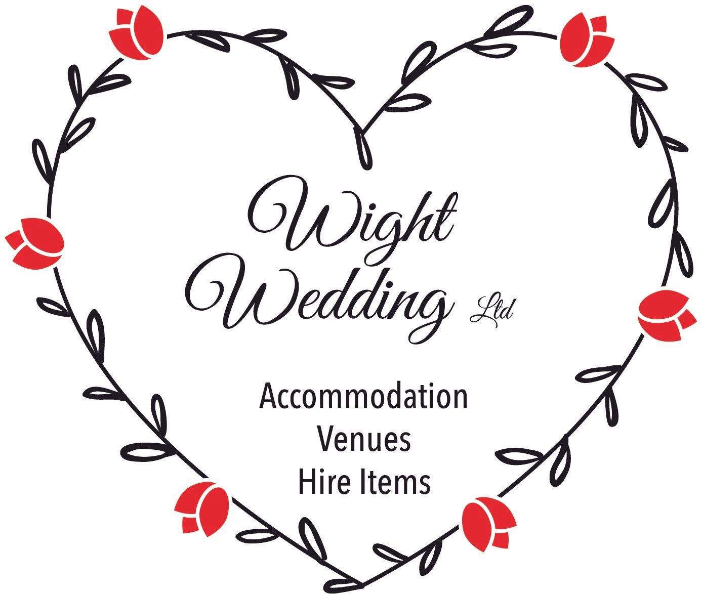 Logo for Wight Wedding Ltd: heart-shaped floral frame with text. Red roses.