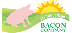 Pink pig on a green hill with sun and text 