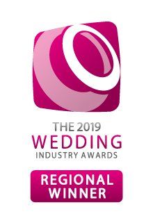 Logo: 2019 Wedding Industry Awards Regional Winner, featuring a pink and white abstract shape.