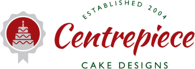 Logo for Centrepiece Cake Designs: cake illustration, red script text, green text: