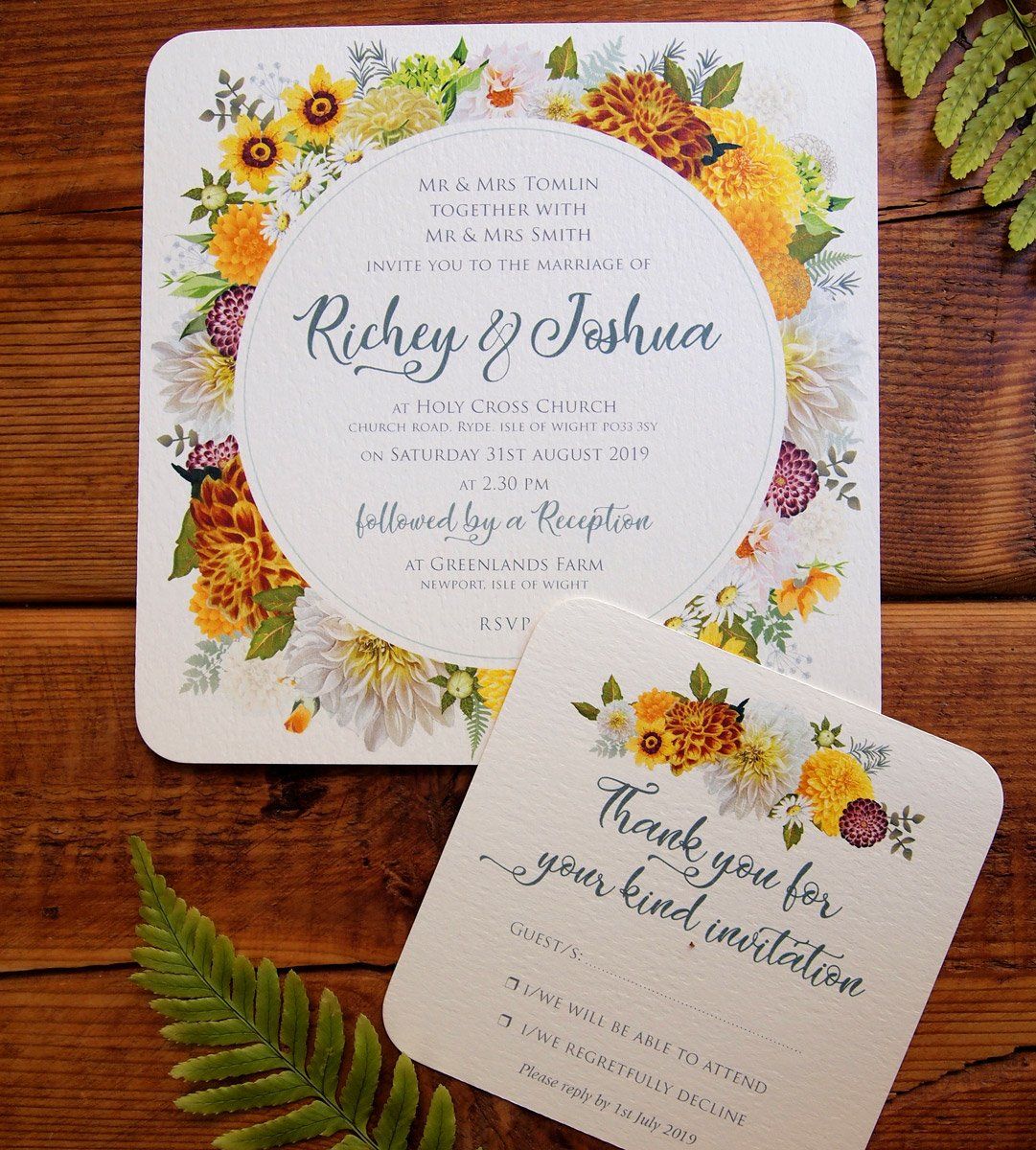 Wedding invitations with floral border; details on white circle. 