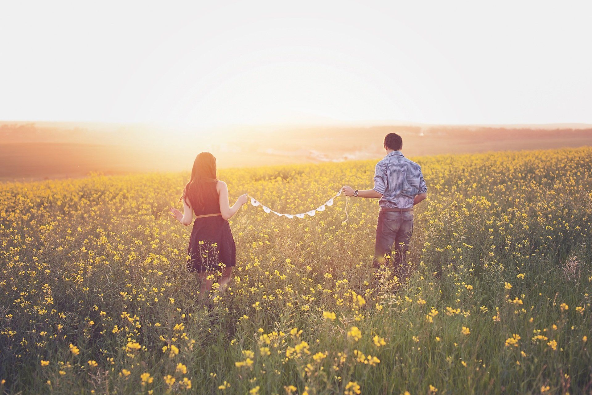 A man and a woman are holding hands in a field of flowers.
