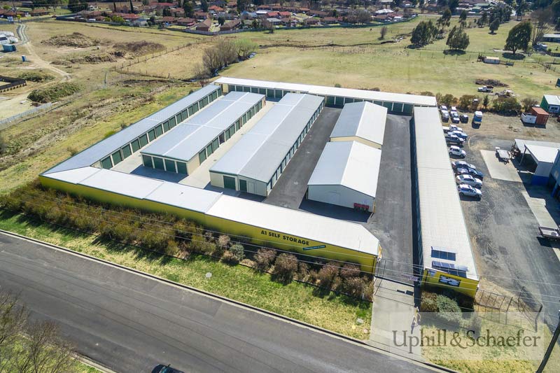 aerial view of storage buildings