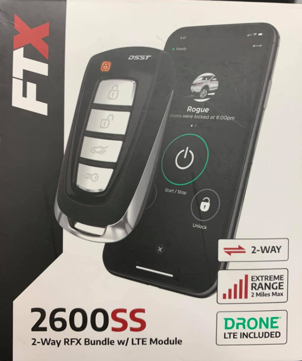 FTX 2600SS 2-way RF drone module with black handheld transmitter and smartphone display box packaging