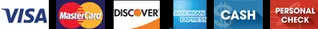 Visa, Mastercard, Discover, American Express, cash, personal check accepted icons.