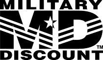 Black-and-white “Military Discount” logo with bold text and a star graphic.