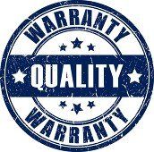 Blue circular warranty seal with stars and the word “QUALITY” in the center, “WARRANTY” around the edge.