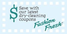 Fashion Fresh dry-cleaning coupons advertisement, teal dollar sign, text on a light blue background.