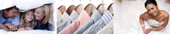 Family under a blanket, shirts on hangers, bride in a wedding dress.