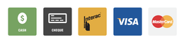 Payment options: cash, checks, Interac, Visa, and Mastercard logos.