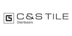 Logo for C&S TILE, Distributors. Features a square with a stylized
