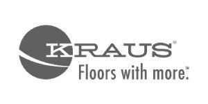 Kraus flooring logo: dark gray circle with curved lines, text