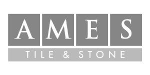 Logo for Ames Tile & Stone in a gray square with white text.