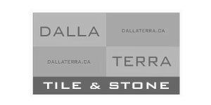 Logo for Dalla Terra Tile & Stone, featuring the company name in a gray-toned block design.