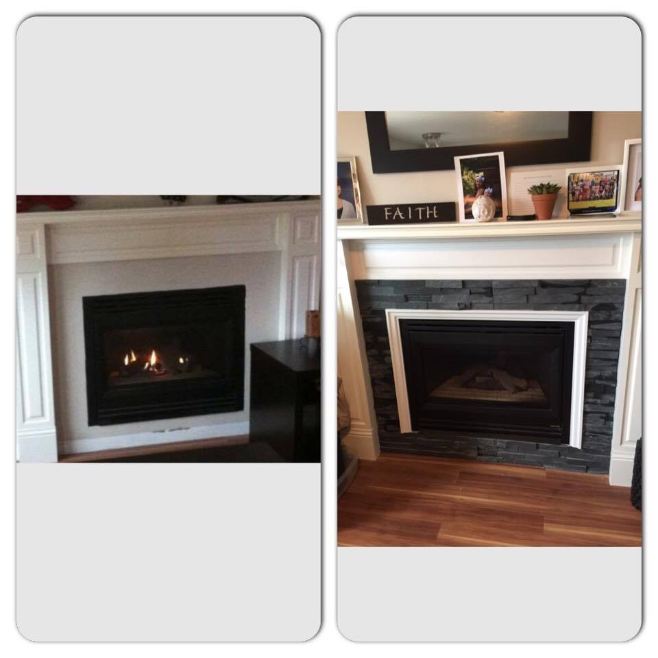 Two side-by-side images of a fireplace transformation: Before has white trim, after has gray stone detail.