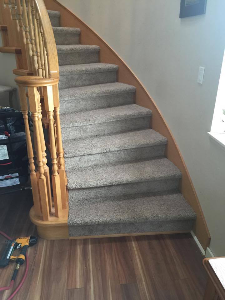 Curved staircase with carpeted steps, wooden handrail, and wood flooring.