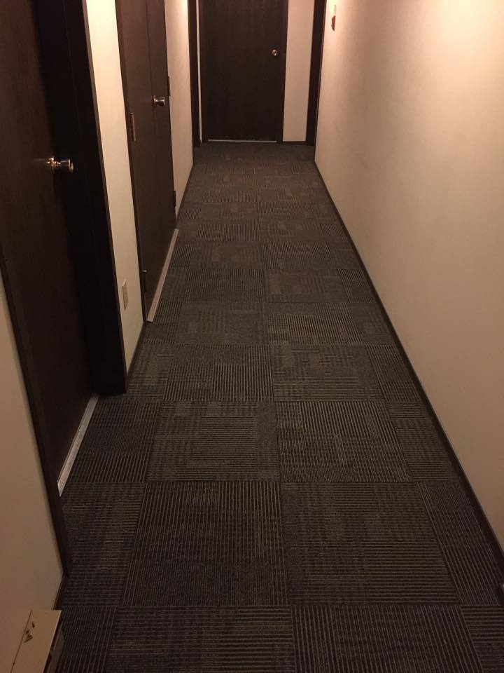 Narrow hallway with gray patterned carpet, white walls, and dark brown doors.