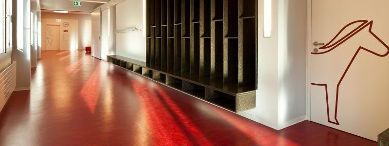A hallway with a shiny red floor, built-in shelves, and a horse outline on a white door.