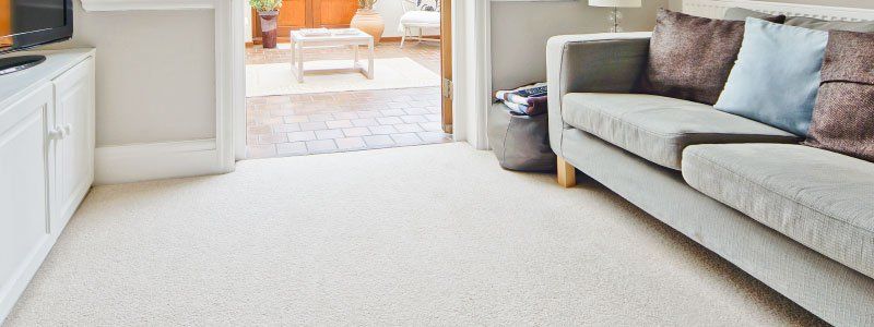 A light-colored living room with a gray couch, white carpet, and an open doorway to a patio.