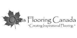 Logo for Opus Flooring Canada, featuring a maple leaf and company name with tagline:
