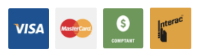 Logos pour Visa, MasterCard, Comptant (espèces) et Interac.