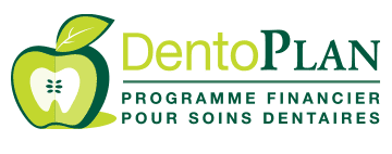 Logo de DentoPlan, un programme de financement pour les soins dentaires. Il représente une pomme verte avec un cœur en forme de dent. Texte en vert et noir.