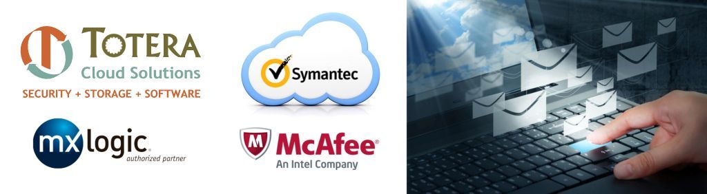 Collage of cloud IT vendor logos beside a hand using a laptop and digital network graphics