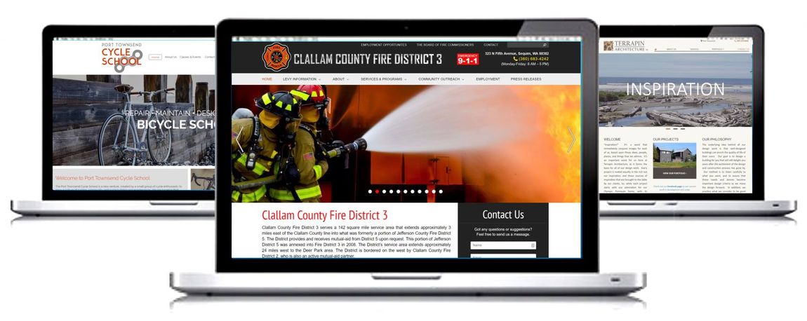 Three laptops displaying different website homepages with a firefighter-themed site in the center.
