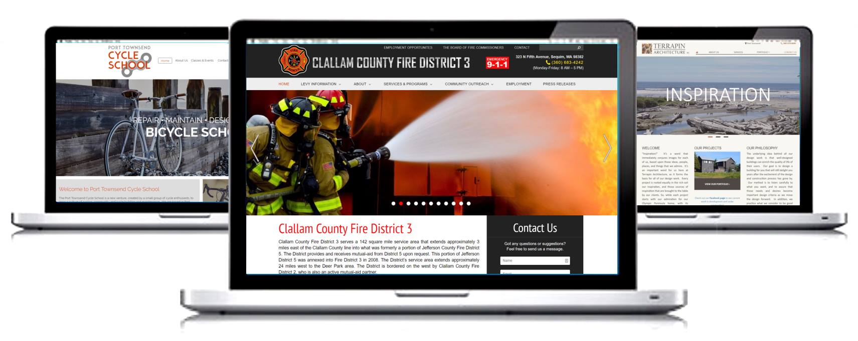 Three laptops displaying a website, with a firefighter and orange flames on the center screen