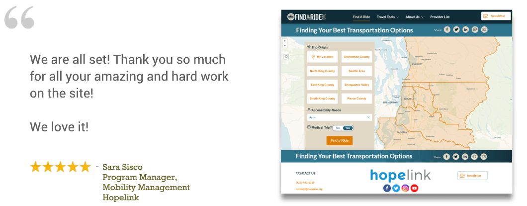 Quote praising a chatbot dashboard, with five stars and a map-based HopeLink website screenshot
